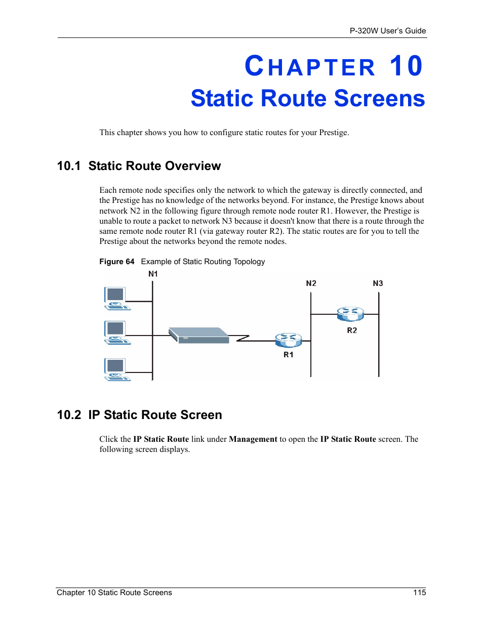 Static route screens, 1 static route overview, 2 ip static route screen | Chapter 10 static route screens, Figure 64 example of static routing topology | ZyXEL Communications 802.11g Wireless Firewall Router P-320W User Manual | Page 115 / 215
