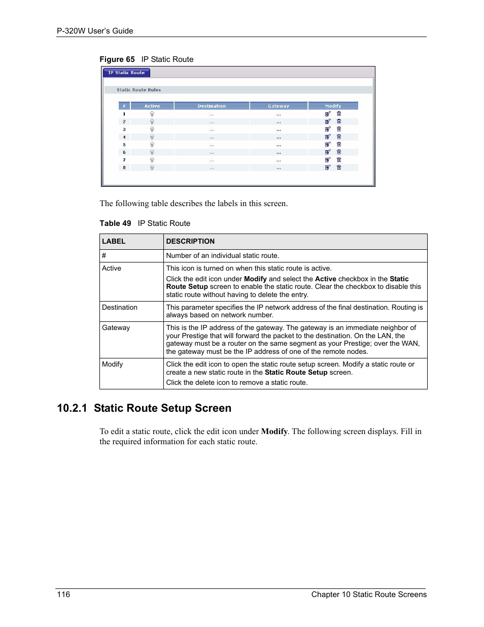1 static route setup screen, Figure 65 ip static route, Table 49 ip static route | ZyXEL Communications 802.11g Wireless Firewall Router P-320W User Manual | Page 116 / 215