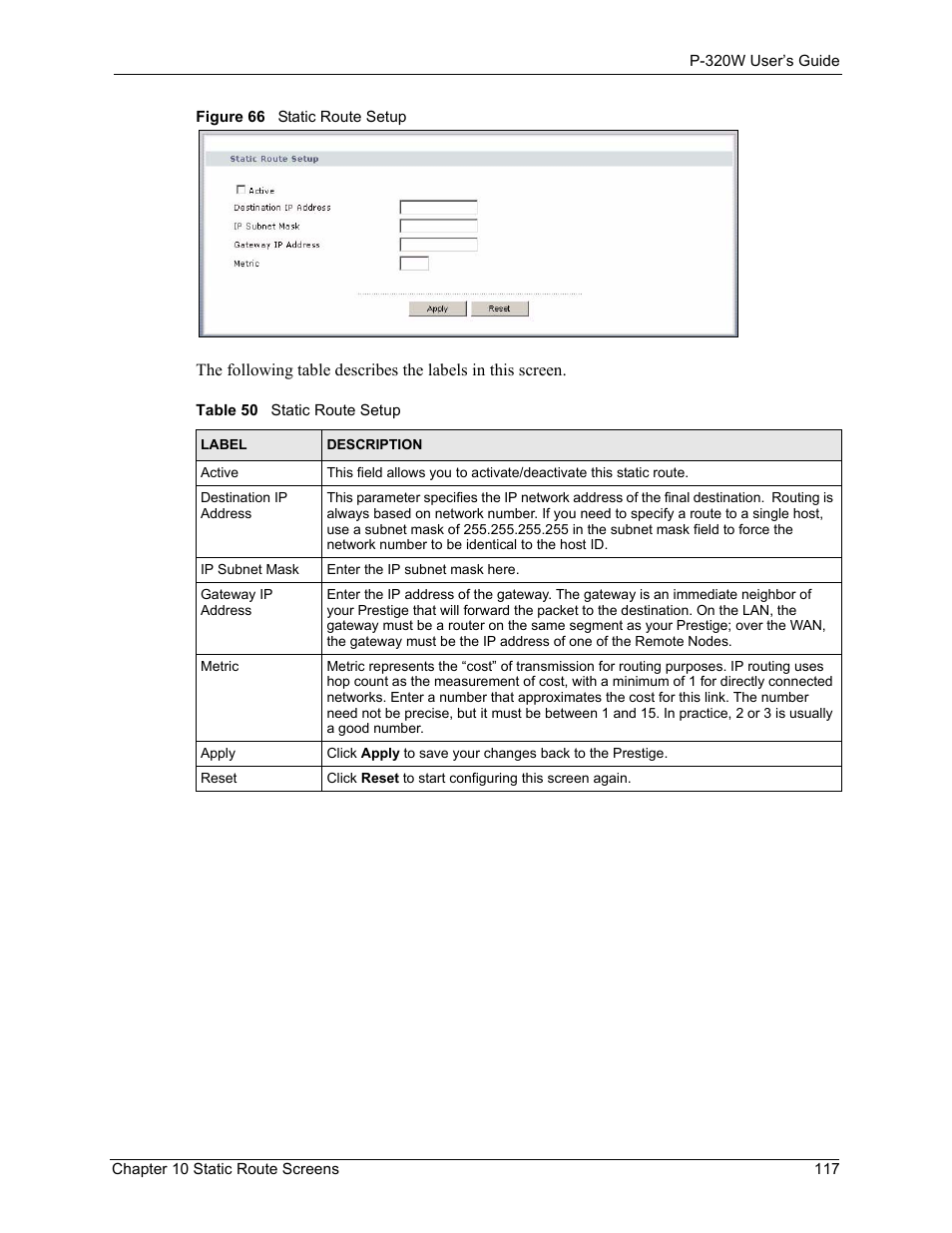 Figure 66 static route setup, Table 50 static route setup | ZyXEL Communications 802.11g Wireless Firewall Router P-320W User Manual | Page 117 / 215