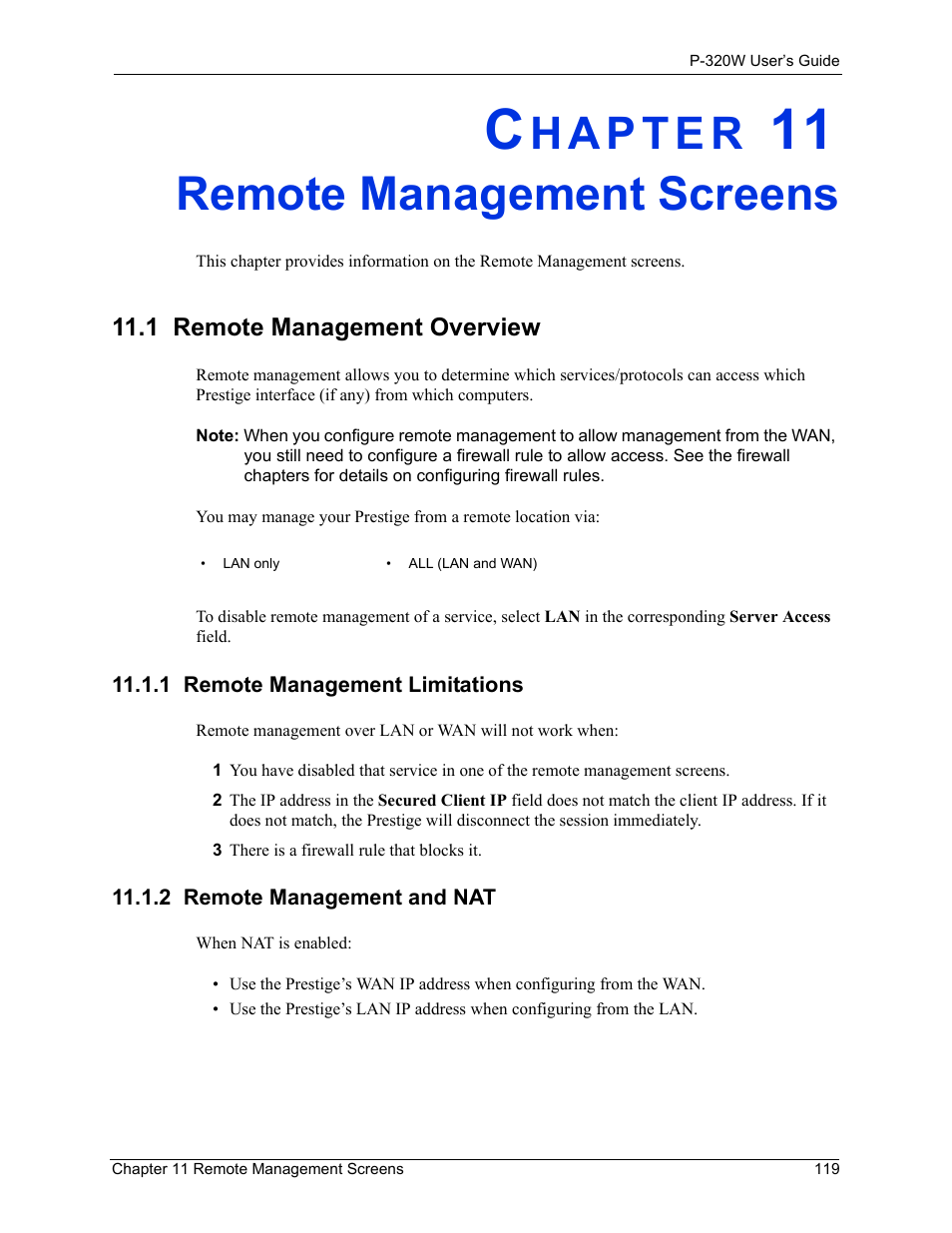 Remote management screens, 1 remote management overview, 1 remote management limitations | 2 remote management and nat, Chapter 11 remote management screens | ZyXEL Communications 802.11g Wireless Firewall Router P-320W User Manual | Page 119 / 215