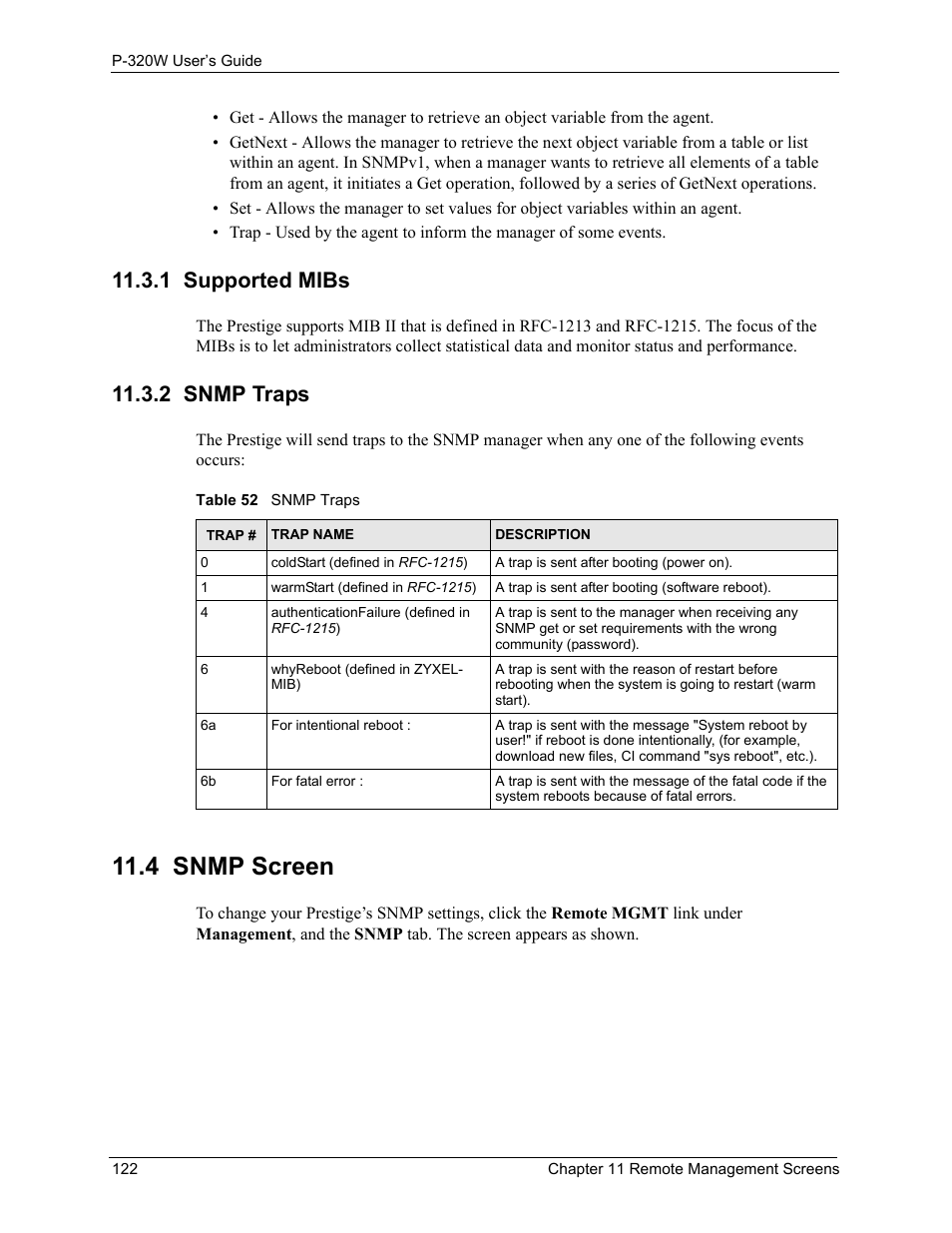 1 supported mibs, 2 snmp traps, 4 snmp screen | 1 supported mibs 11.3.2 snmp traps, Table 52 snmp traps | ZyXEL Communications 802.11g Wireless Firewall Router P-320W User Manual | Page 122 / 215