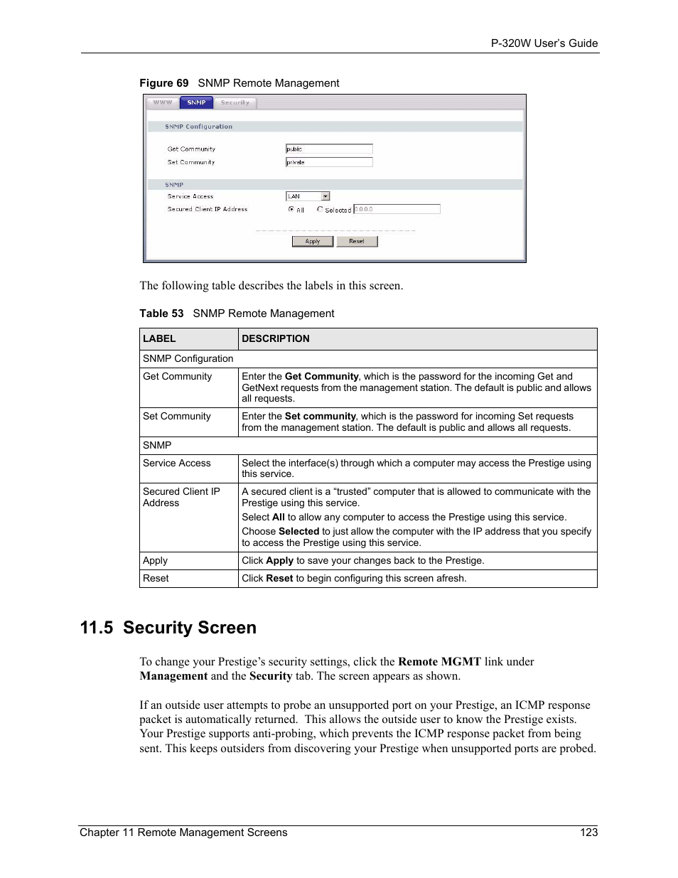 5 security screen, Figure 69 snmp remote management, Table 53 snmp remote management | ZyXEL Communications 802.11g Wireless Firewall Router P-320W User Manual | Page 123 / 215