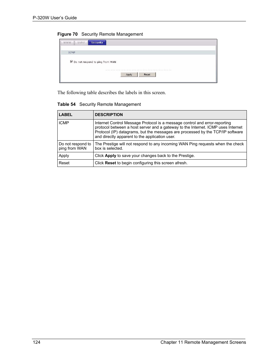 Figure 70 security remote management, Table 54 security remote management | ZyXEL Communications 802.11g Wireless Firewall Router P-320W User Manual | Page 124 / 215