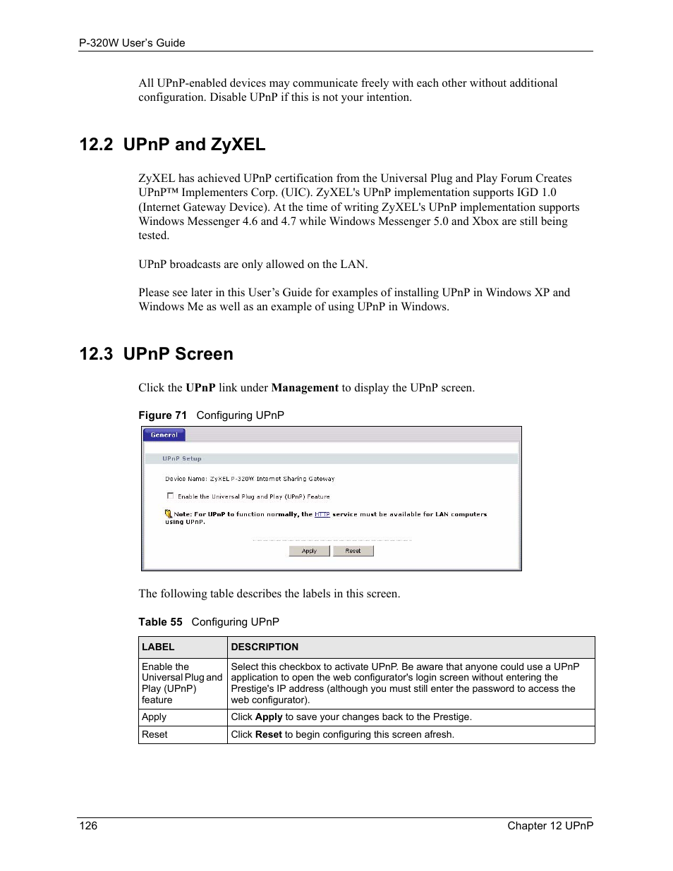 2 upnp and zyxel, 3 upnp screen, 2 upnp and zyxel 12.3 upnp screen | Figure 71 configuring upnp, Table 55 configuring upnp | ZyXEL Communications 802.11g Wireless Firewall Router P-320W User Manual | Page 126 / 215