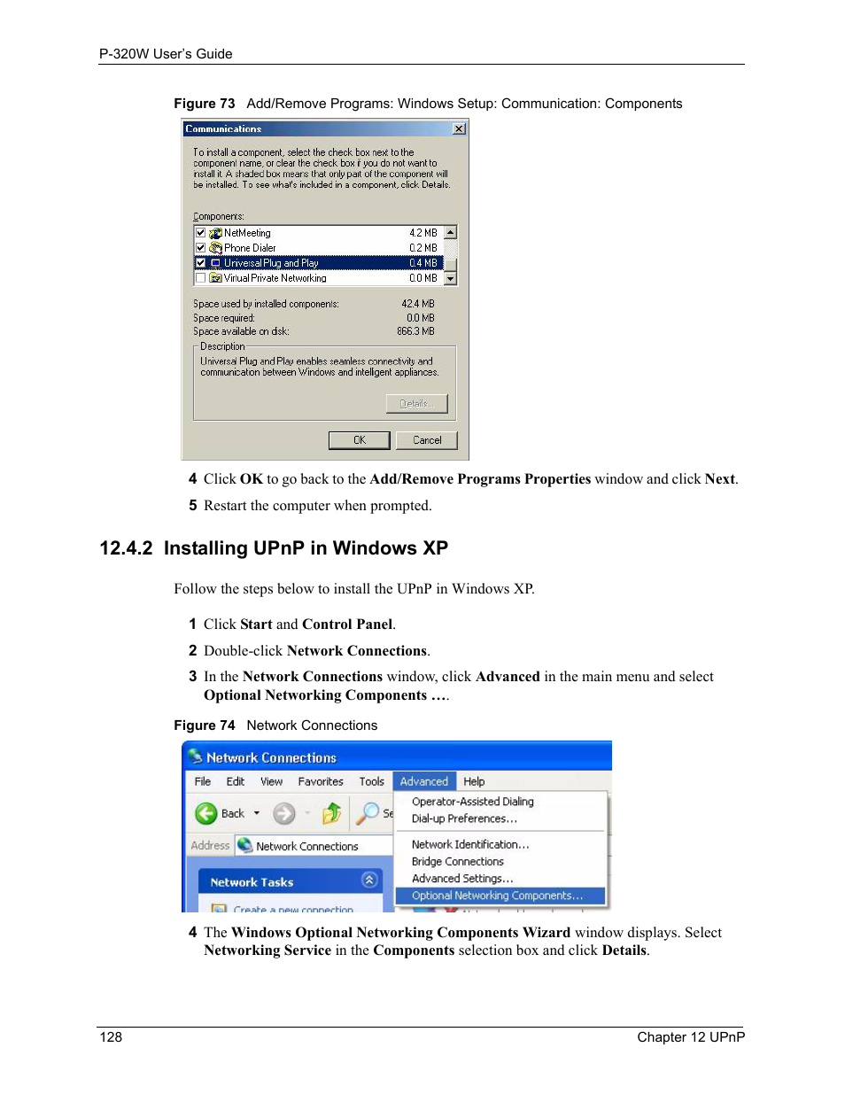 2 installing upnp in windows xp | ZyXEL Communications 802.11g Wireless Firewall Router P-320W User Manual | Page 128 / 215