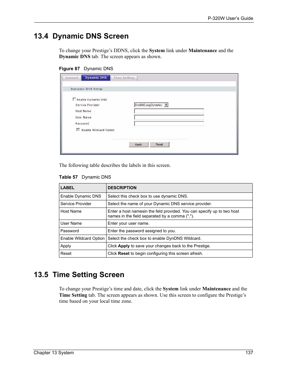 4 dynamic dns screen, 5 time setting screen, 4 dynamic dns screen 13.5 time setting screen | Figure 87 dynamic dns, Table 57 dynamic dns | ZyXEL Communications 802.11g Wireless Firewall Router P-320W User Manual | Page 137 / 215