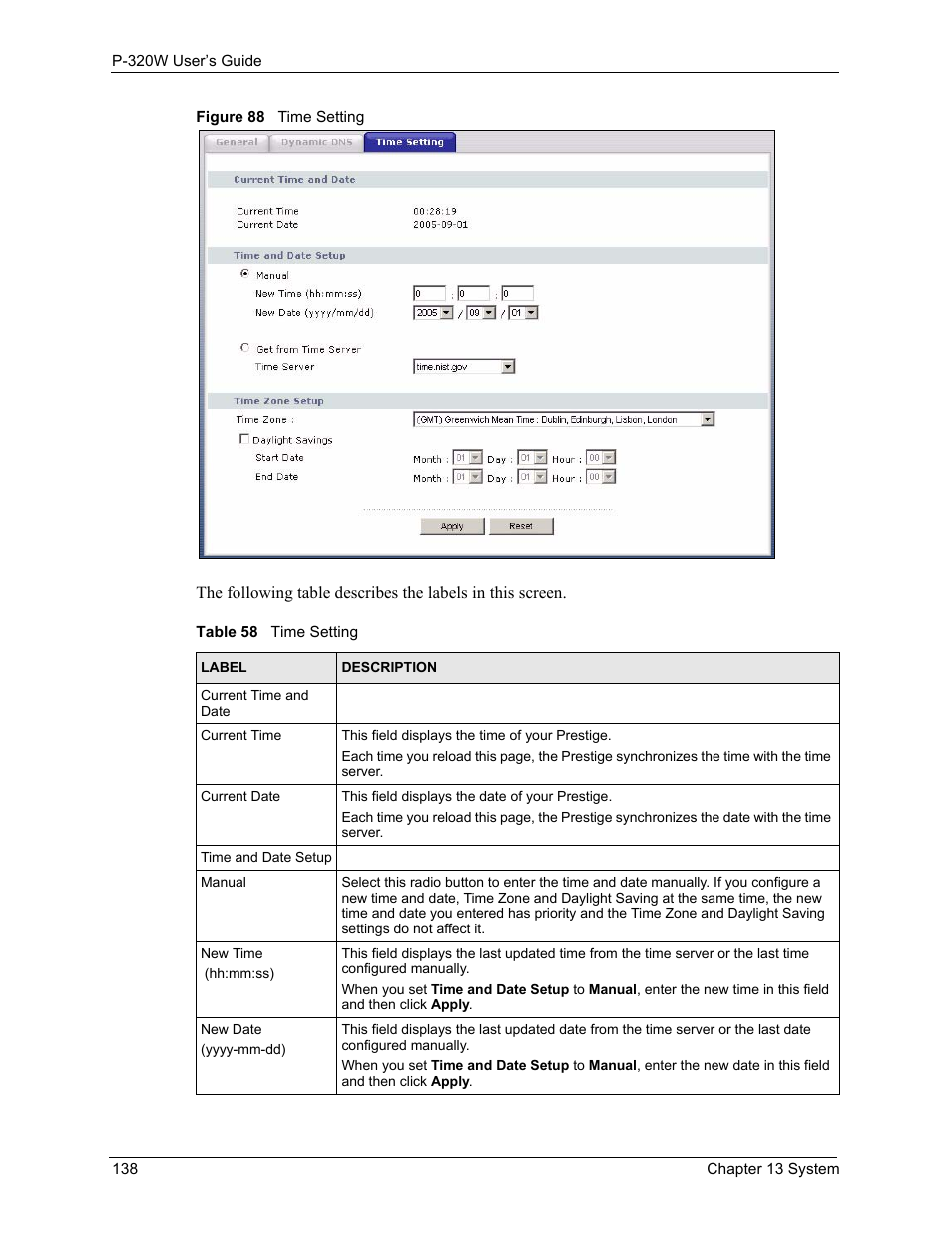 Figure 88 time setting, Table 58 time setting | ZyXEL Communications 802.11g Wireless Firewall Router P-320W User Manual | Page 138 / 215