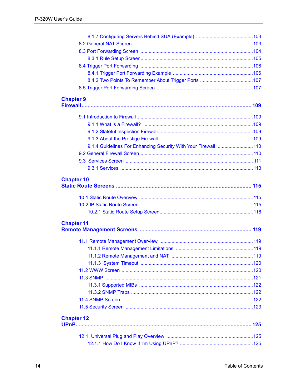 ZyXEL Communications 802.11g Wireless Firewall Router P-320W User Manual | Page 14 / 215