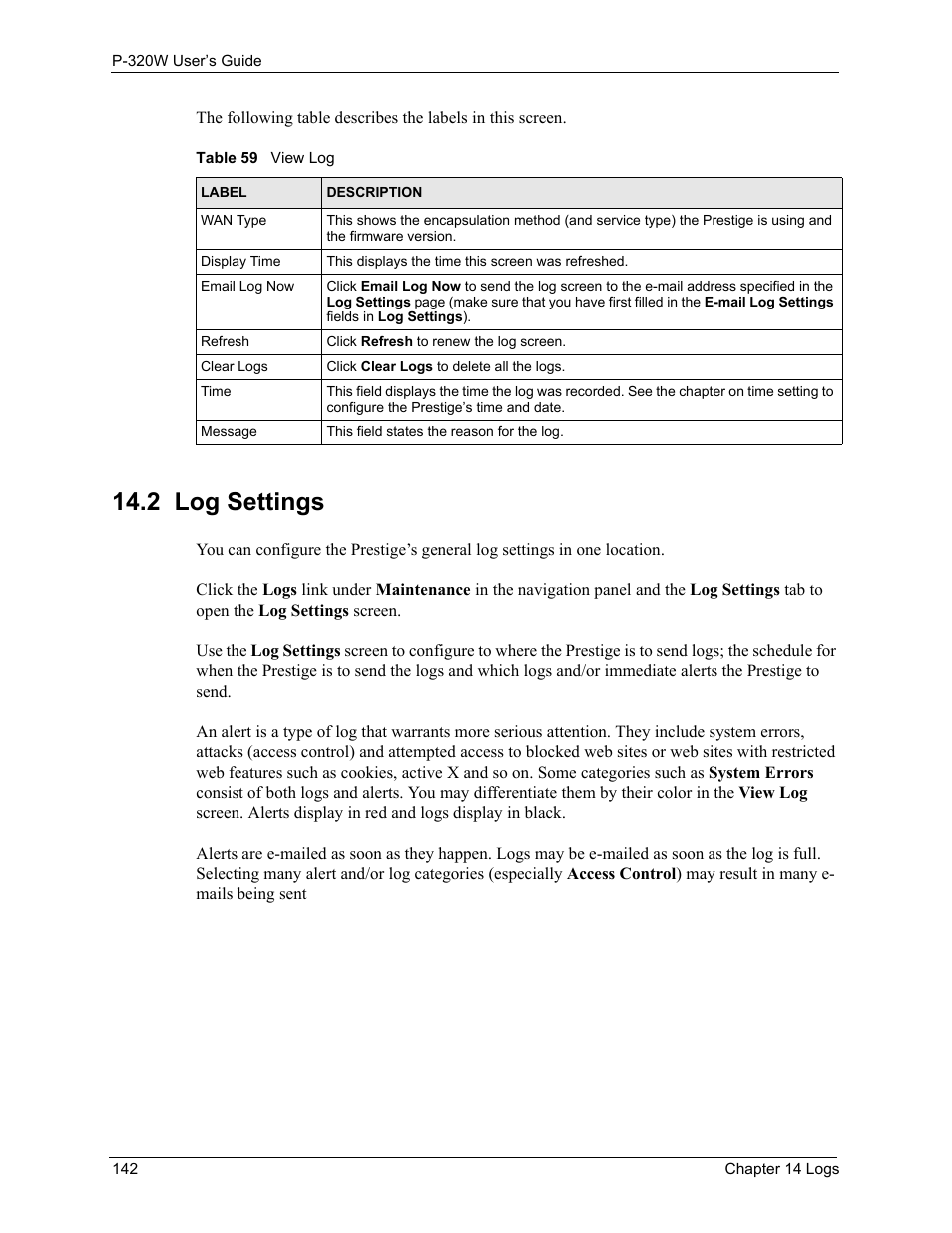 2 log settings, Table 59 view log | ZyXEL Communications 802.11g Wireless Firewall Router P-320W User Manual | Page 142 / 215