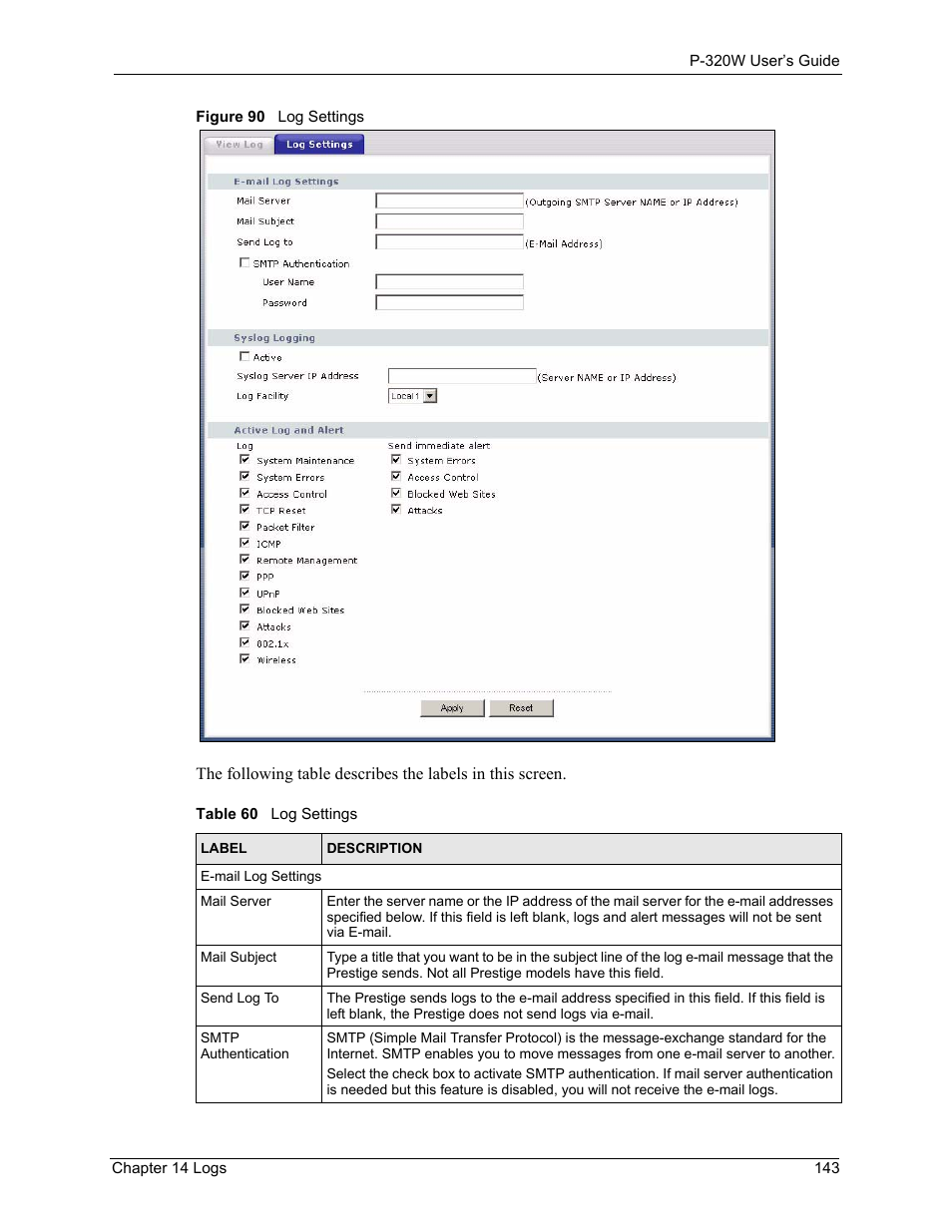 Figure 90 log settings, Table 60 log settings | ZyXEL Communications 802.11g Wireless Firewall Router P-320W User Manual | Page 143 / 215