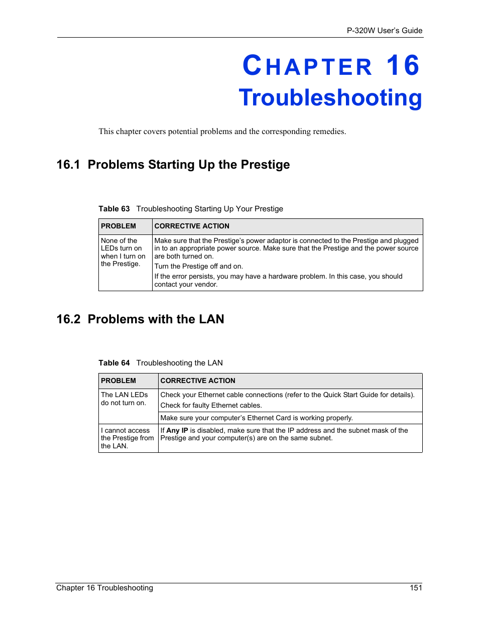 Troubleshooting, 1 problems starting up the prestige, 2 problems with the lan | Chapter 16 troubleshooting | ZyXEL Communications 802.11g Wireless Firewall Router P-320W User Manual | Page 151 / 215