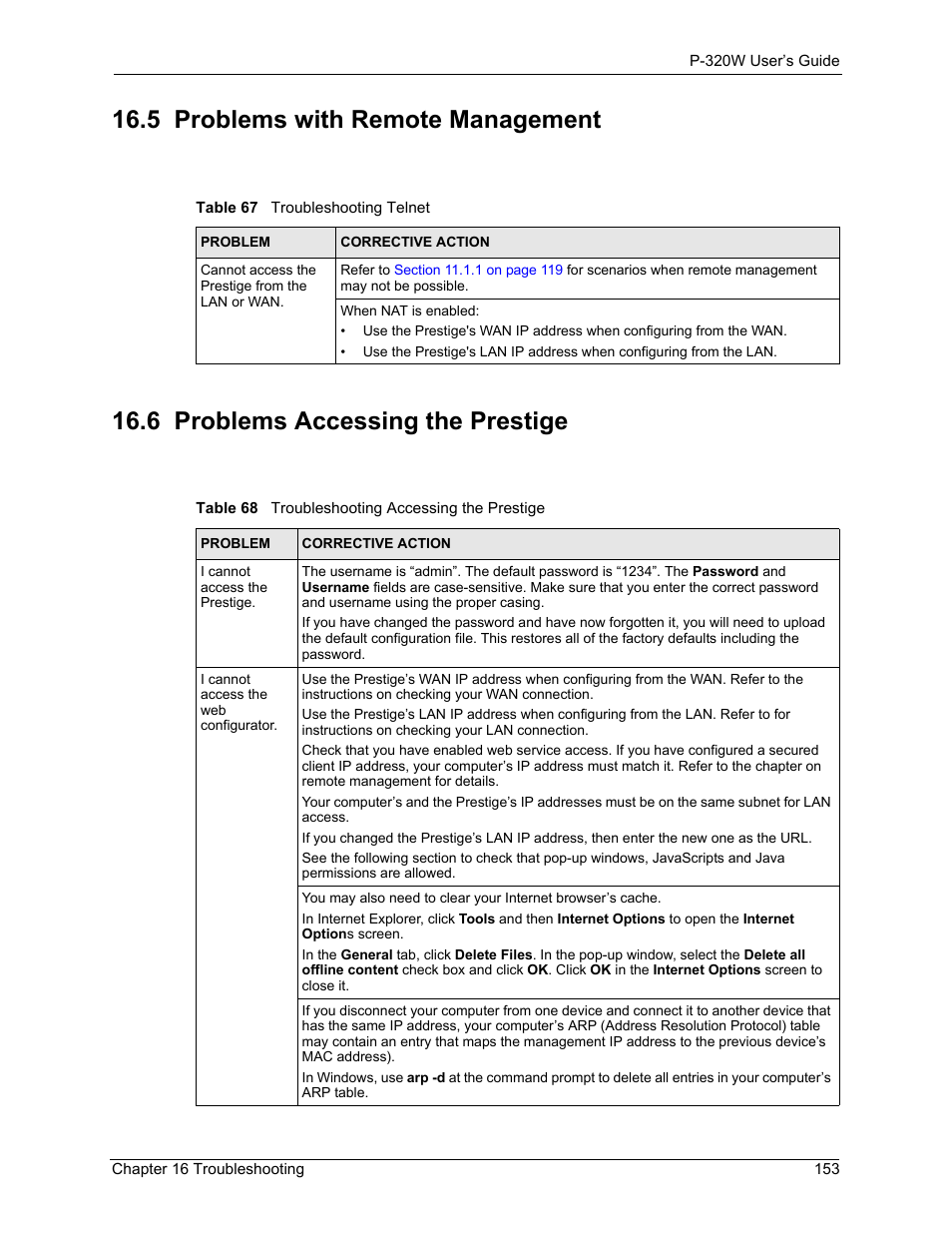 5 problems with remote management, 6 problems accessing the prestige | ZyXEL Communications 802.11g Wireless Firewall Router P-320W User Manual | Page 153 / 215