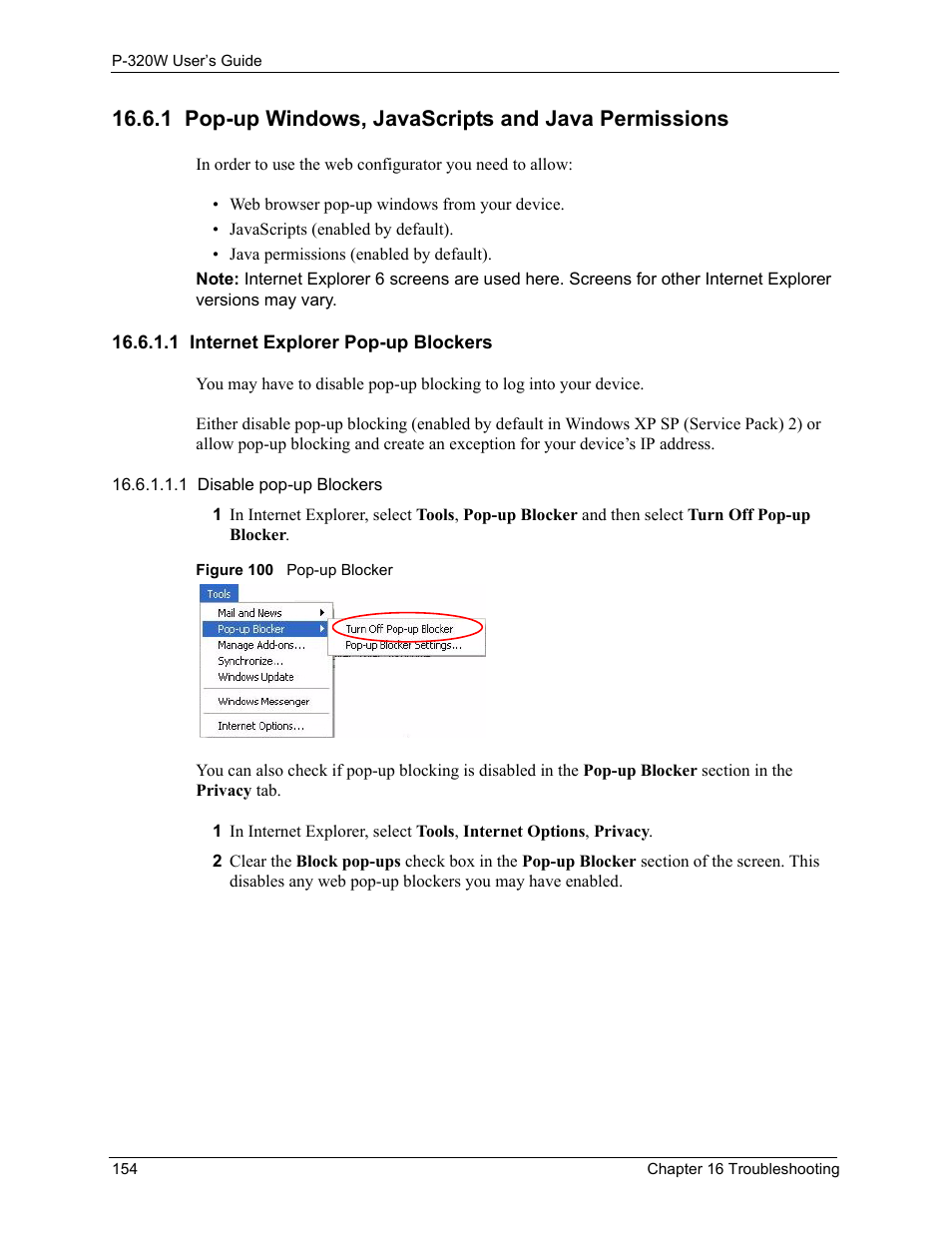1 pop-up windows, javascripts and java permissions, 1 internet explorer pop-up blockers, Figure 100 pop-up blocker | ZyXEL Communications 802.11g Wireless Firewall Router P-320W User Manual | Page 154 / 215