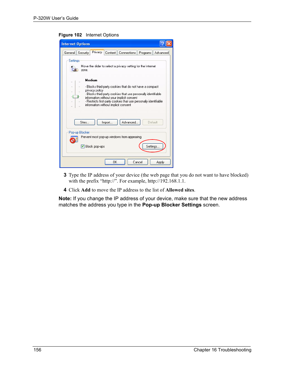 Figure 102 internet options | ZyXEL Communications 802.11g Wireless Firewall Router P-320W User Manual | Page 156 / 215