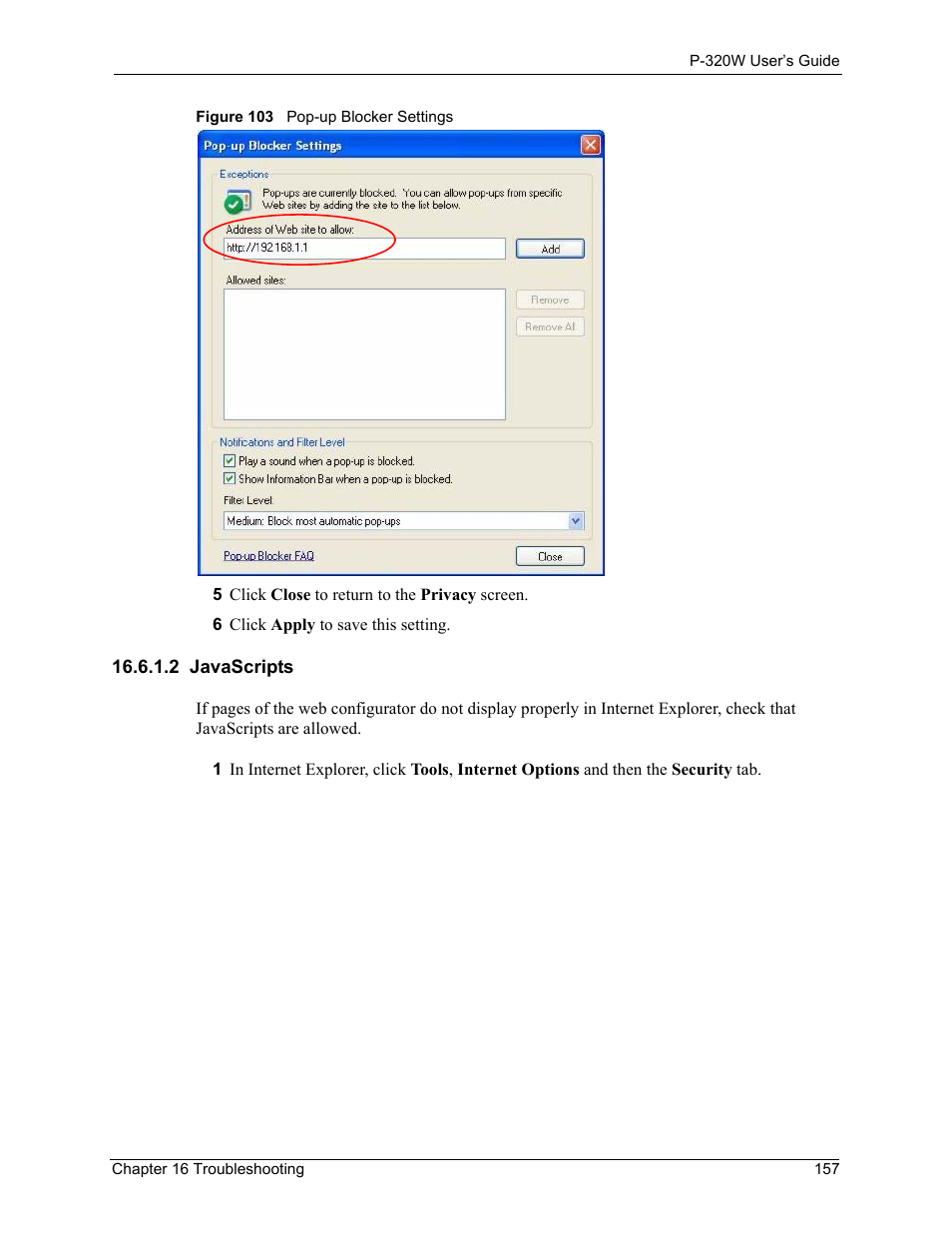 2 javascripts, Figure 103 pop-up blocker settings | ZyXEL Communications 802.11g Wireless Firewall Router P-320W User Manual | Page 157 / 215