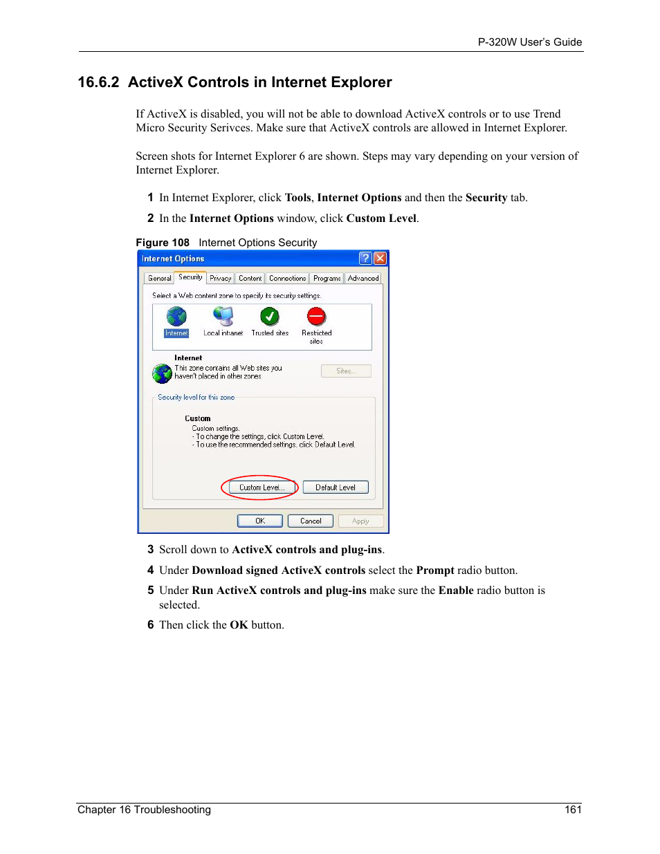 2 activex controls in internet explorer, Figure 108 internet options security | ZyXEL Communications 802.11g Wireless Firewall Router P-320W User Manual | Page 161 / 215