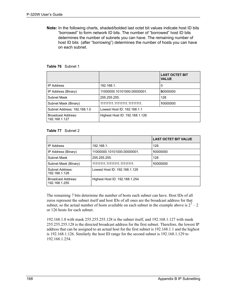 Table 76 subnet 1 table 77 subnet 2 | ZyXEL Communications 802.11g Wireless Firewall Router P-320W User Manual | Page 168 / 215
