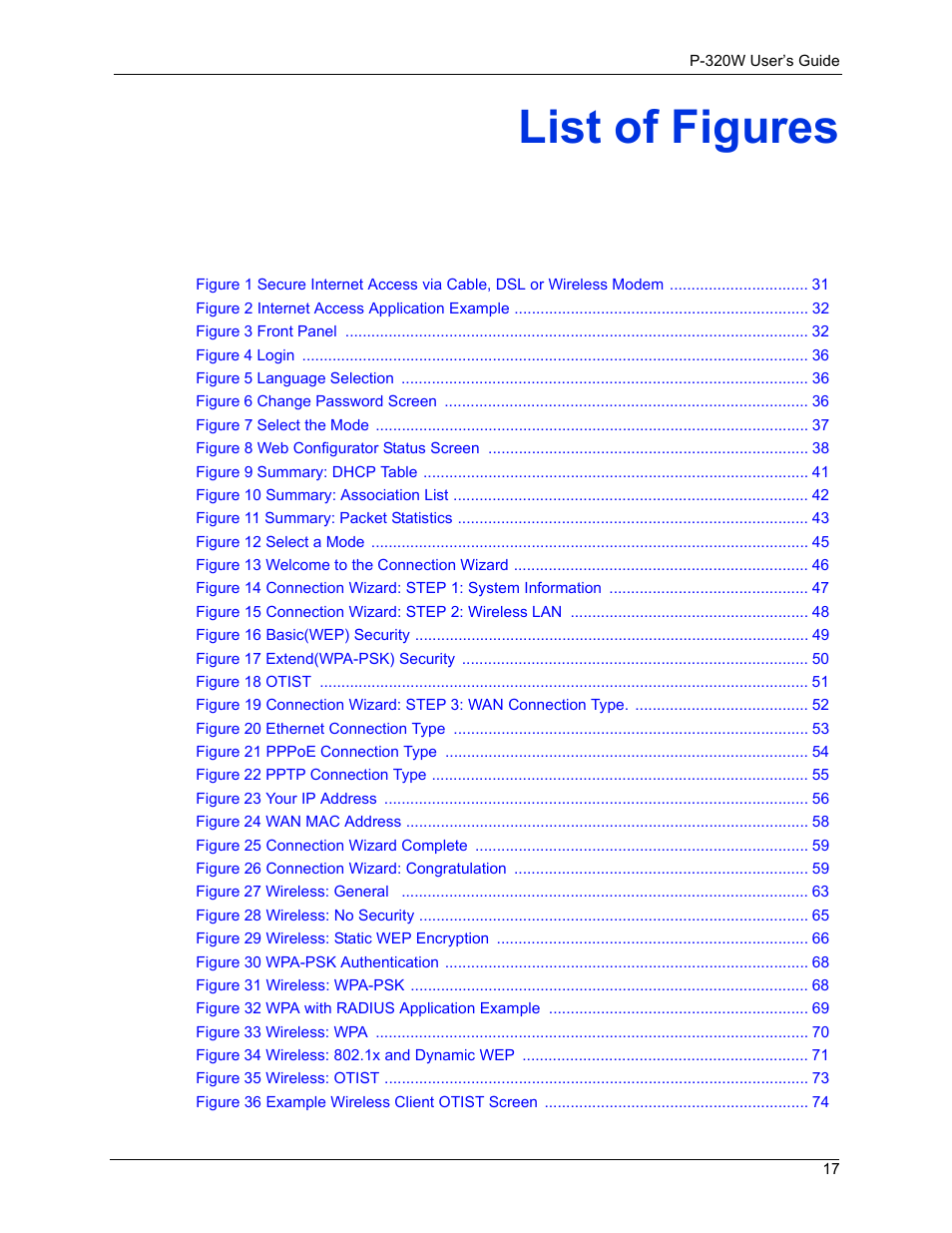 List of figures | ZyXEL Communications 802.11g Wireless Firewall Router P-320W User Manual | Page 17 / 215