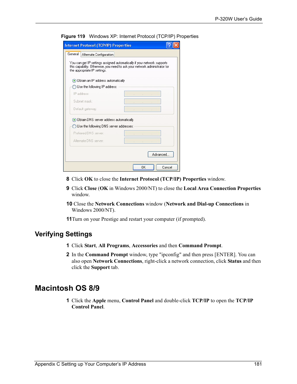 Verifying settings, Macintosh os 8/9 | ZyXEL Communications 802.11g Wireless Firewall Router P-320W User Manual | Page 181 / 215