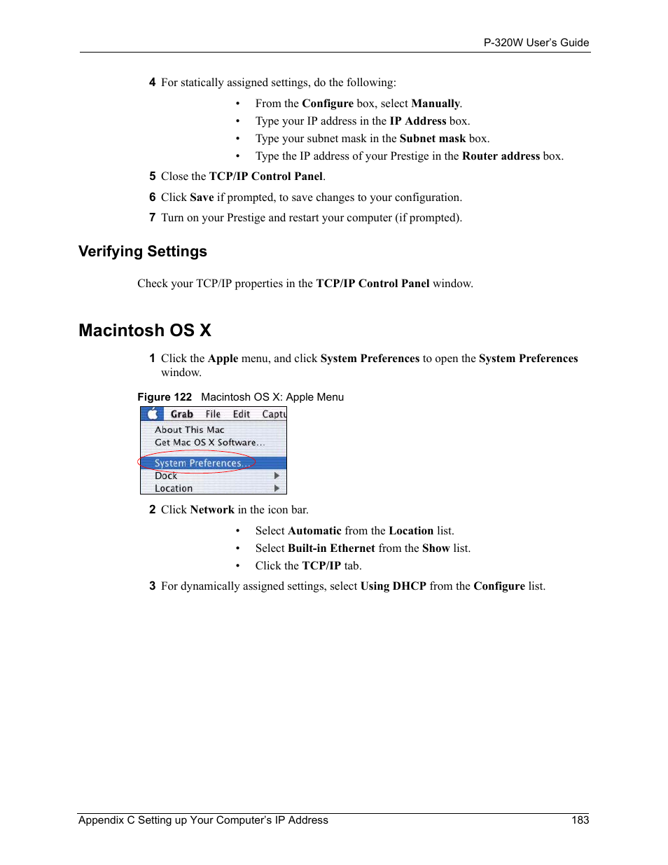 Verifying settings, Macintosh os x, Figure 122 macintosh os x: apple menu | ZyXEL Communications 802.11g Wireless Firewall Router P-320W User Manual | Page 183 / 215