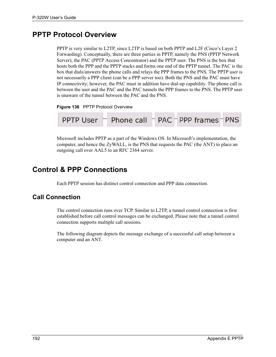 Pptp protocol overview, Control & ppp connections, Call connection | Figure 136 pptp protocol overview | ZyXEL Communications 802.11g Wireless Firewall Router P-320W User Manual | Page 192 / 215