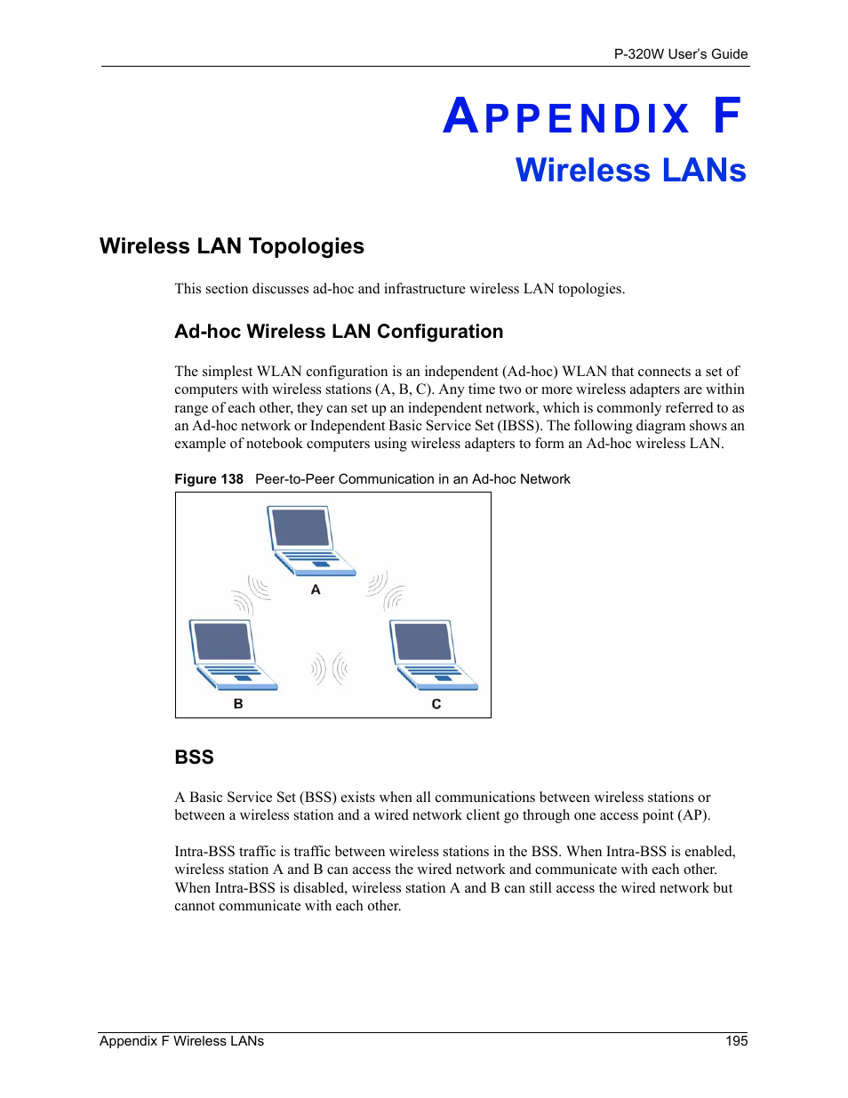 F. wireless lans, Wireless lan topologies, Ad-hoc wireless lan configuration | Appendix f wireless lans, Wireless lans | ZyXEL Communications 802.11g Wireless Firewall Router P-320W User Manual | Page 195 / 215