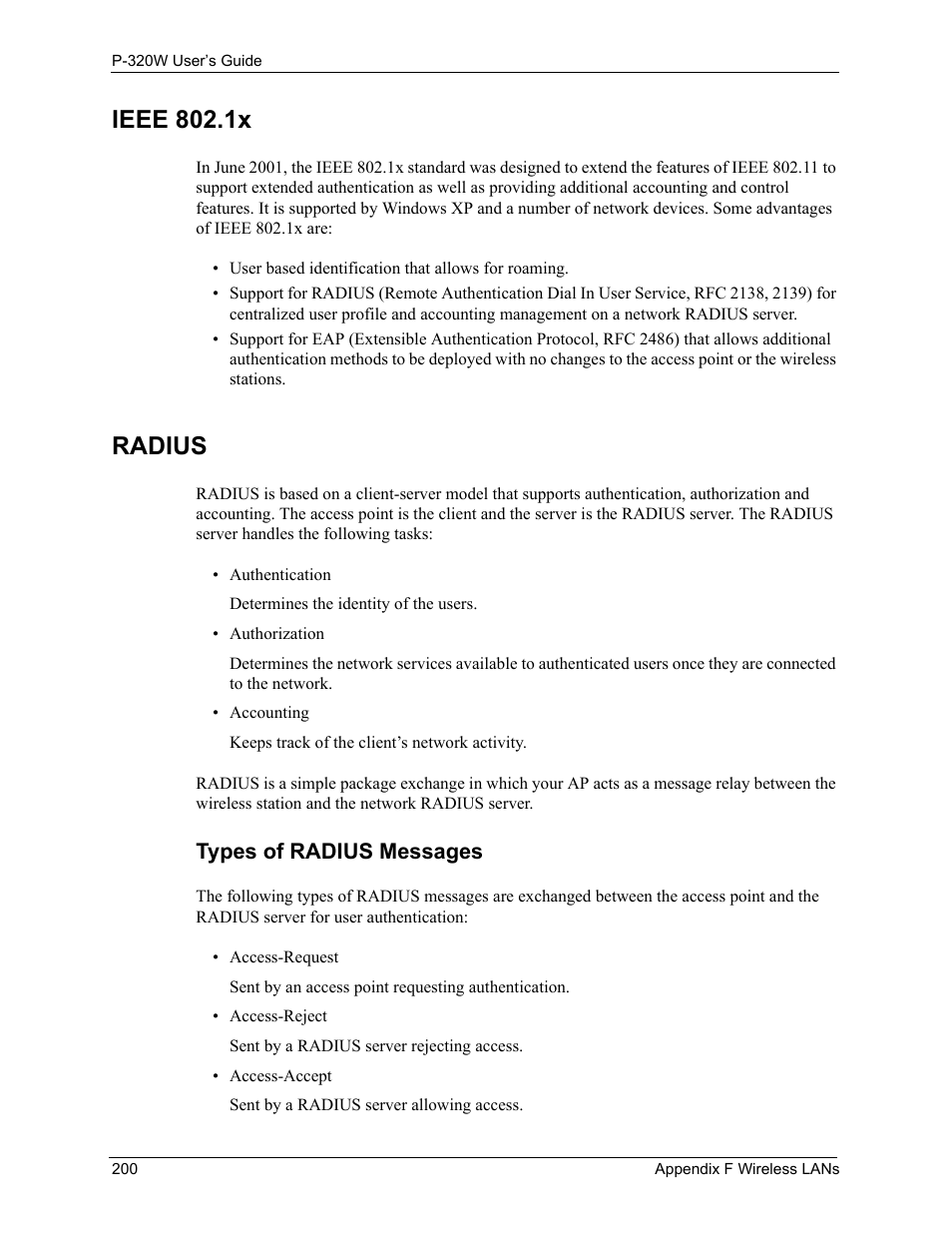 Ieee 802.1x, Radius, Types of radius messages | ZyXEL Communications 802.11g Wireless Firewall Router P-320W User Manual | Page 200 / 215