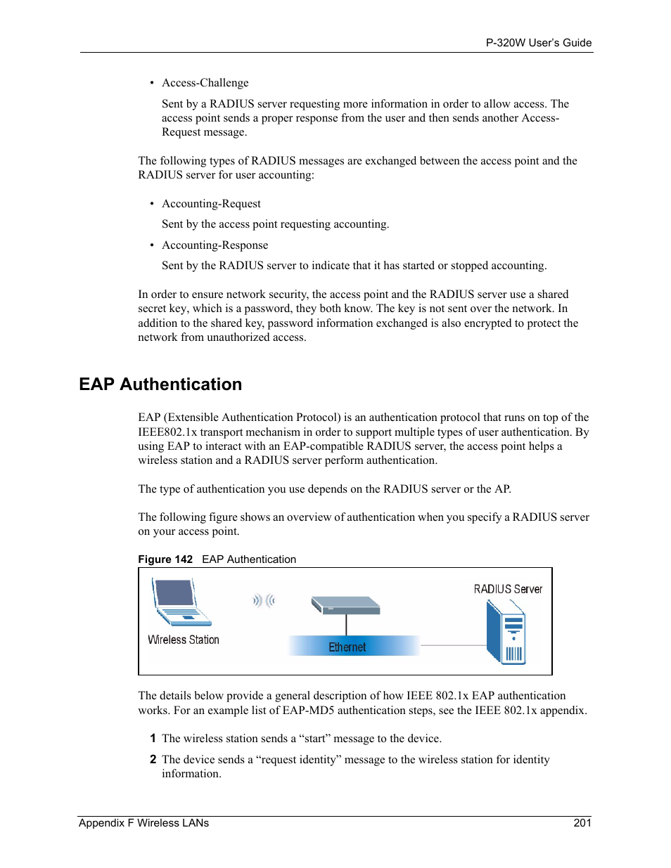 Eap authentication, Figure 142 eap authentication | ZyXEL Communications 802.11g Wireless Firewall Router P-320W User Manual | Page 201 / 215