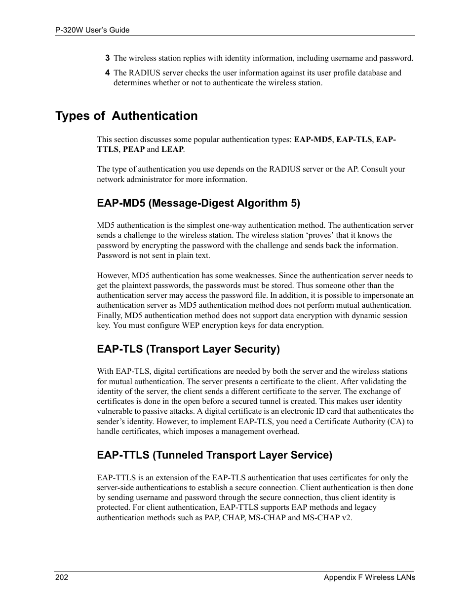 Types of authentication, Eap-md5 (message-digest algorithm 5), Eap-tls (transport layer security) | Eap-ttls (tunneled transport layer service) | ZyXEL Communications 802.11g Wireless Firewall Router P-320W User Manual | Page 202 / 215