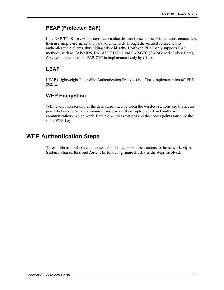 Peap (protected eap), Leap, Wep encryption | Wep authentication steps | ZyXEL Communications 802.11g Wireless Firewall Router P-320W User Manual | Page 203 / 215