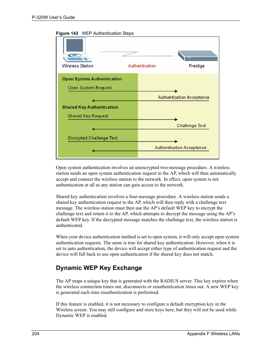 Dynamic wep key exchange, Figure 143 wep authentication steps | ZyXEL Communications 802.11g Wireless Firewall Router P-320W User Manual | Page 204 / 215