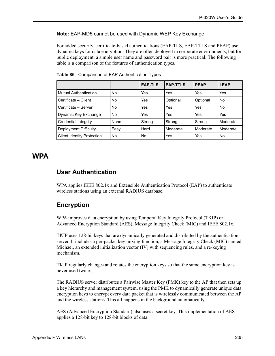 User authentication, Encryption, Table 86 comparison of eap authentication types | ZyXEL Communications 802.11g Wireless Firewall Router P-320W User Manual | Page 205 / 215