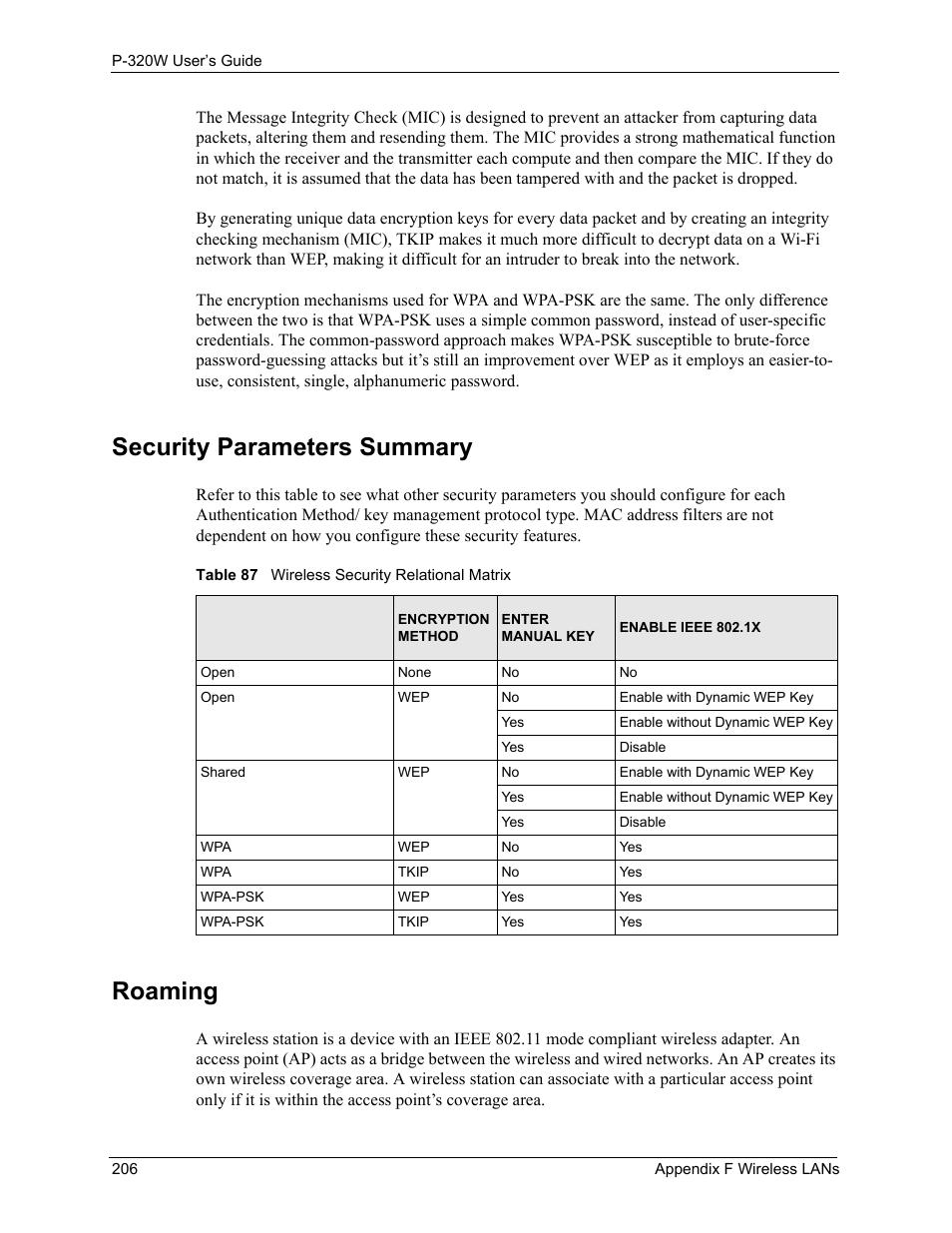 Security parameters summary, Roaming, Table 87 wireless security relational matrix | ZyXEL Communications 802.11g Wireless Firewall Router P-320W User Manual | Page 206 / 215