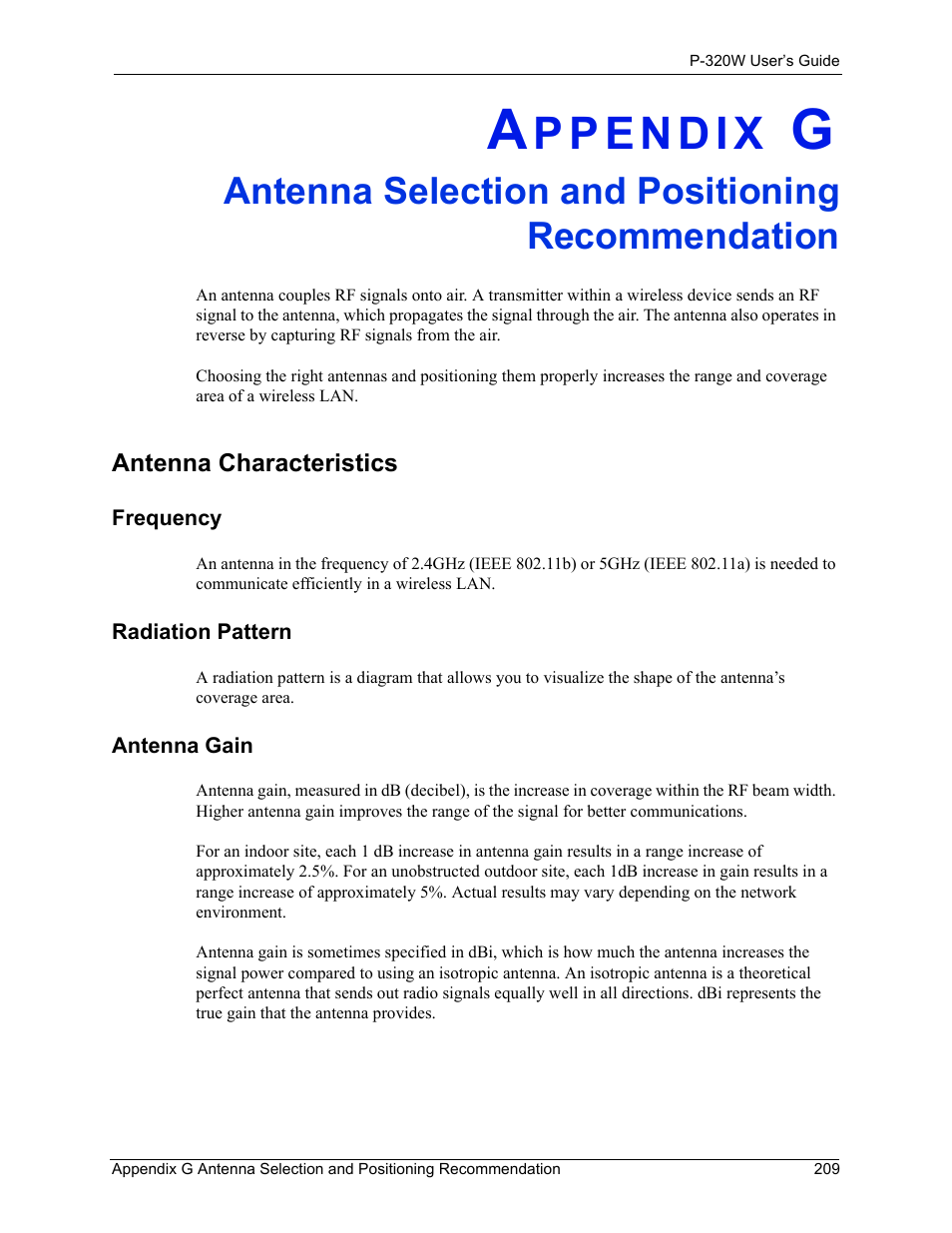 Antenna characteristics, Frequency, Radiation pattern | Antenna gain, Antenna selection and positioning recommendation | ZyXEL Communications 802.11g Wireless Firewall Router P-320W User Manual | Page 209 / 215