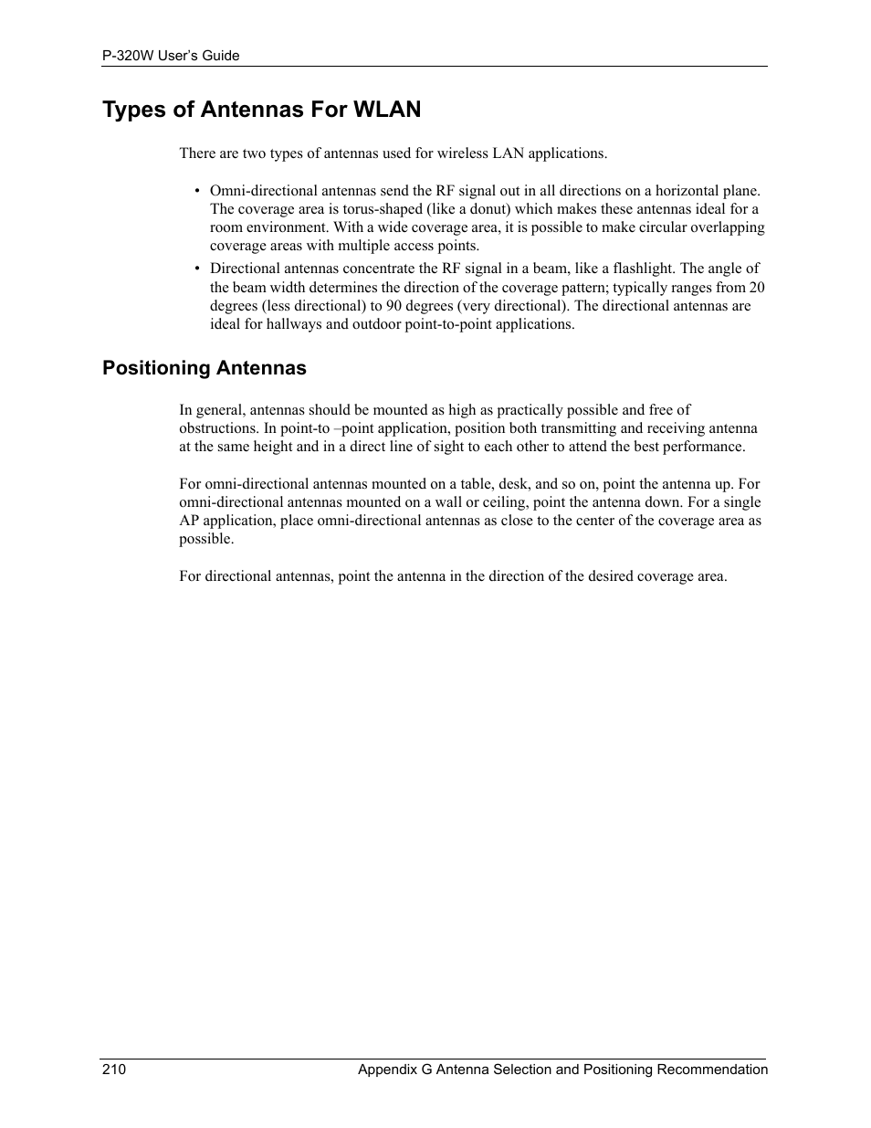 Types of antennas for wlan, Positioning antennas | ZyXEL Communications 802.11g Wireless Firewall Router P-320W User Manual | Page 210 / 215