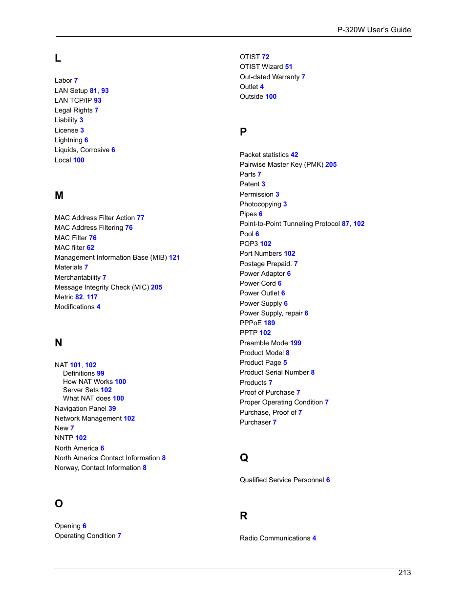 ZyXEL Communications 802.11g Wireless Firewall Router P-320W User Manual | Page 213 / 215