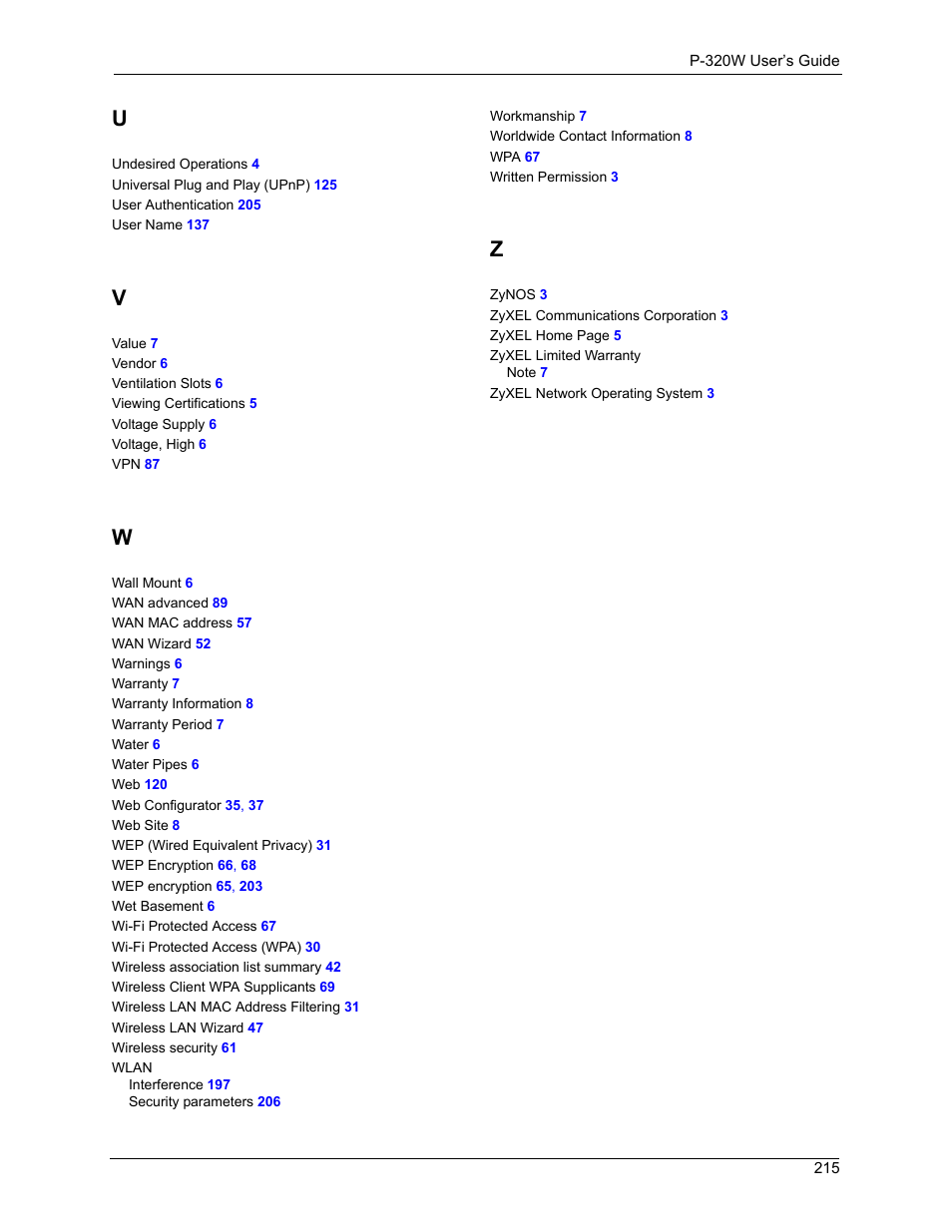 ZyXEL Communications 802.11g Wireless Firewall Router P-320W User Manual | Page 215 / 215