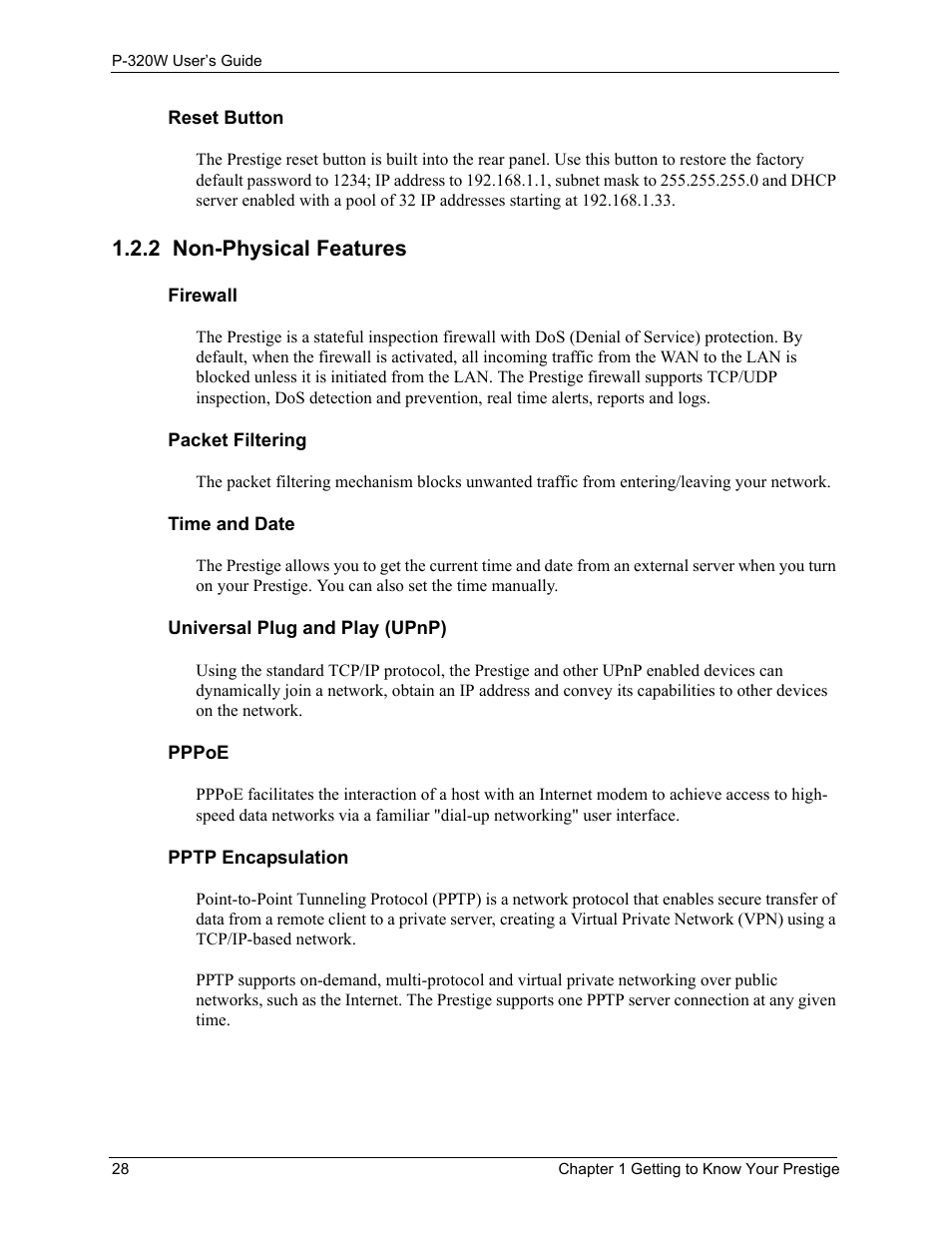 2 non-physical features | ZyXEL Communications 802.11g Wireless Firewall Router P-320W User Manual | Page 28 / 215
