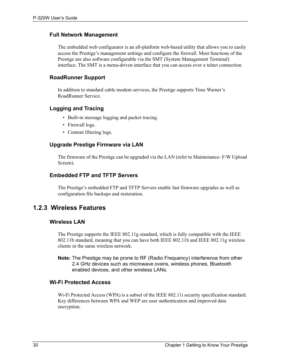 3 wireless features | ZyXEL Communications 802.11g Wireless Firewall Router P-320W User Manual | Page 30 / 215