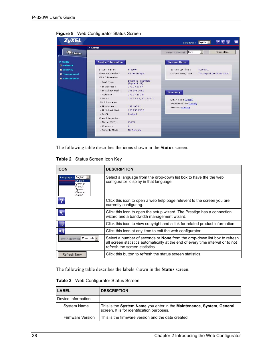 Figure 8 web configurator status screen | ZyXEL Communications 802.11g Wireless Firewall Router P-320W User Manual | Page 38 / 215