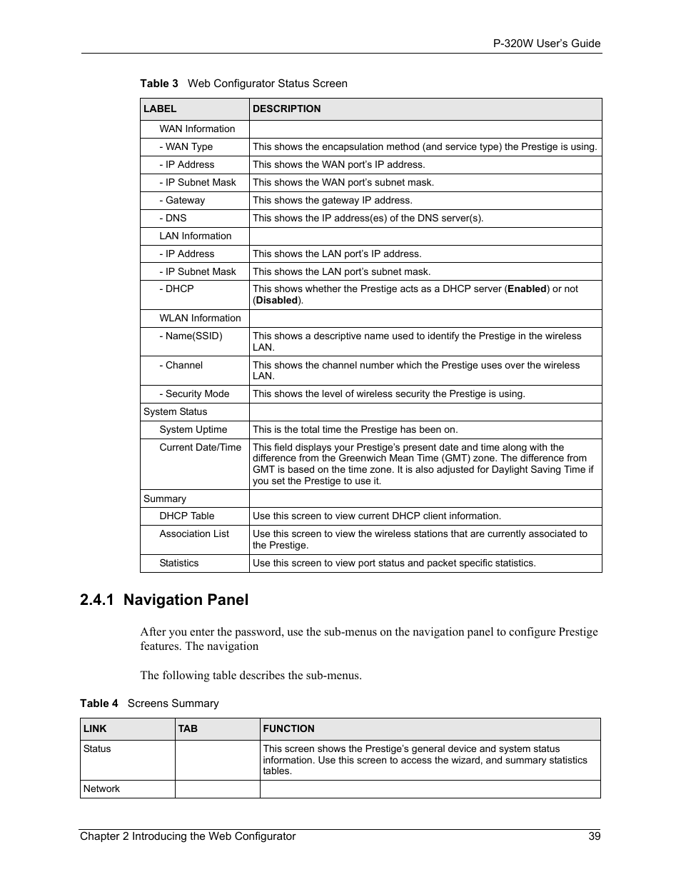 1 navigation panel, Table 4 screens summary | ZyXEL Communications 802.11g Wireless Firewall Router P-320W User Manual | Page 39 / 215