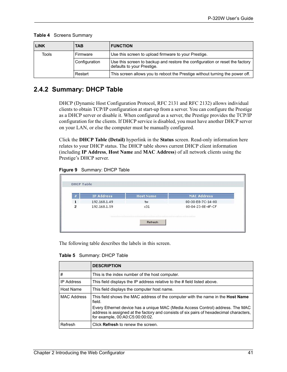 2 summary: dhcp table, Figure 9 summary: dhcp table, Table 5 summary: dhcp table | ZyXEL Communications 802.11g Wireless Firewall Router P-320W User Manual | Page 41 / 215
