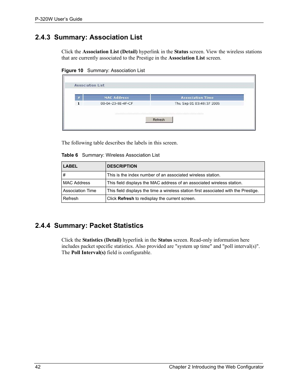 3 summary: association list, 4 summary: packet statistics, Figure 10 summary: association list | Table 6 summary: wireless association list | ZyXEL Communications 802.11g Wireless Firewall Router P-320W User Manual | Page 42 / 215