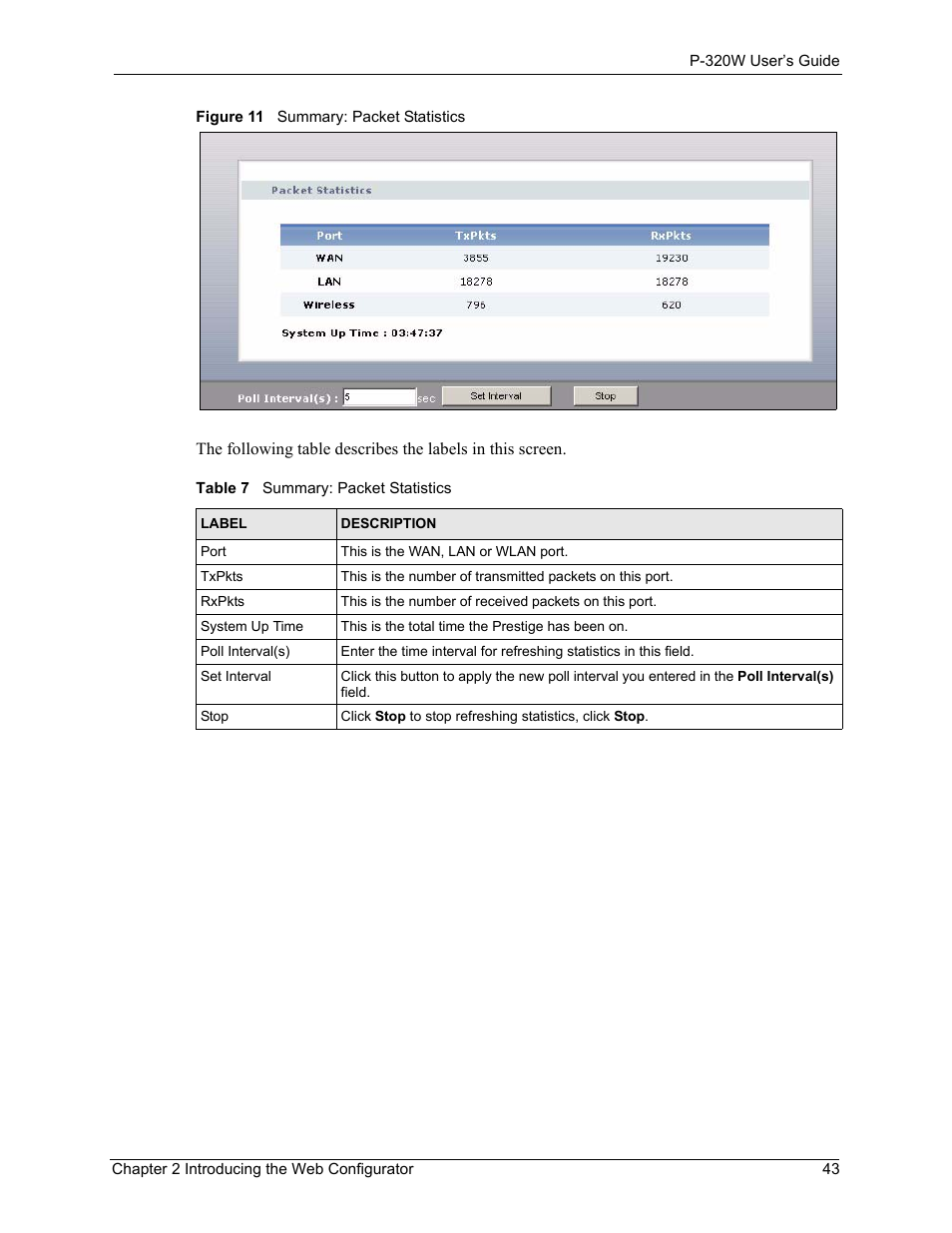 Figure 11 summary: packet statistics, Table 7 summary: packet statistics | ZyXEL Communications 802.11g Wireless Firewall Router P-320W User Manual | Page 43 / 215