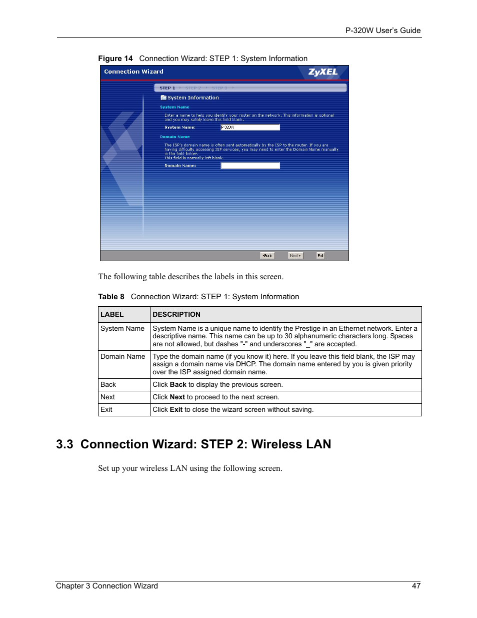 3 connection wizard: step 2: wireless lan | ZyXEL Communications 802.11g Wireless Firewall Router P-320W User Manual | Page 47 / 215
