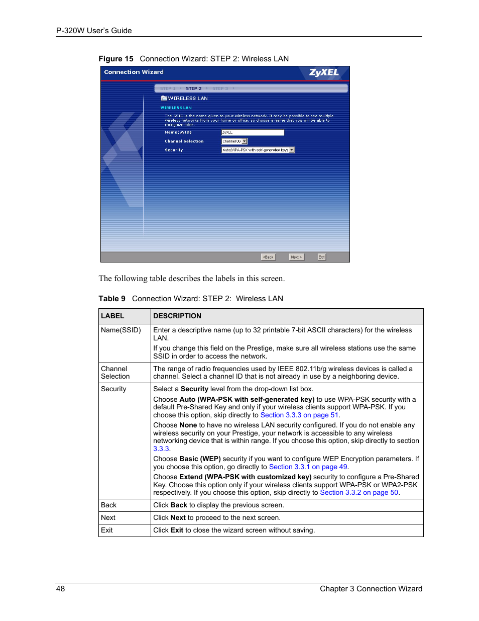 Figure 15 connection wizard: step 2: wireless lan, Table 9 connection wizard: step 2: wireless lan | ZyXEL Communications 802.11g Wireless Firewall Router P-320W User Manual | Page 48 / 215