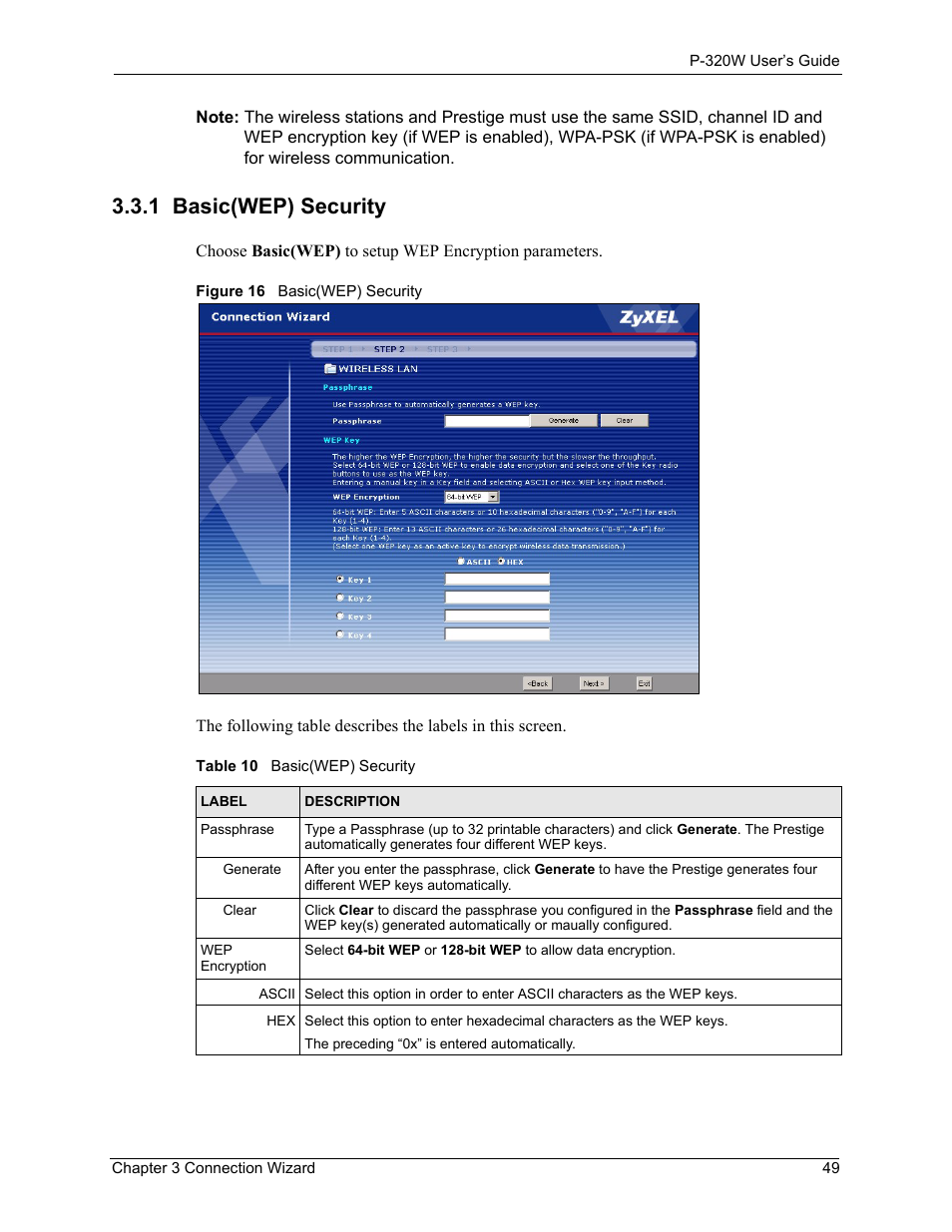 1 basic(wep) security, Figure 16 basic(wep) security, Table 10 basic(wep) security | ZyXEL Communications 802.11g Wireless Firewall Router P-320W User Manual | Page 49 / 215