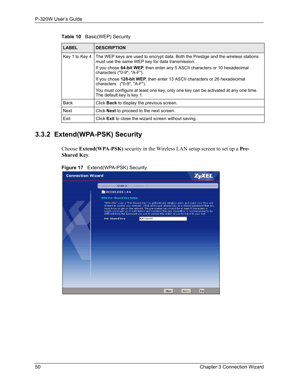 2 extend(wpa-psk) security, Figure 17 extend(wpa-psk) security | ZyXEL Communications 802.11g Wireless Firewall Router P-320W User Manual | Page 50 / 215