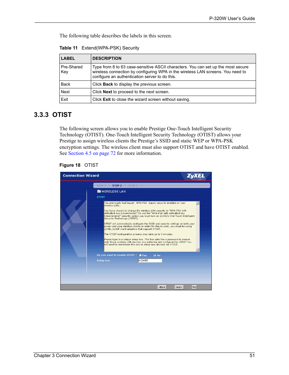 3 otist, Figure 18 otist, Table 11 extend(wpa-psk) security | ZyXEL Communications 802.11g Wireless Firewall Router P-320W User Manual | Page 51 / 215