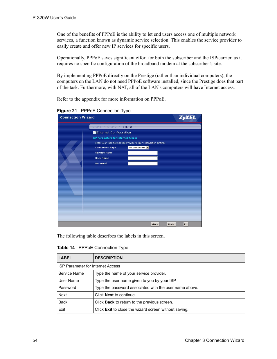 Figure 21 pppoe connection type, Table 14 pppoe connection type | ZyXEL Communications 802.11g Wireless Firewall Router P-320W User Manual | Page 54 / 215